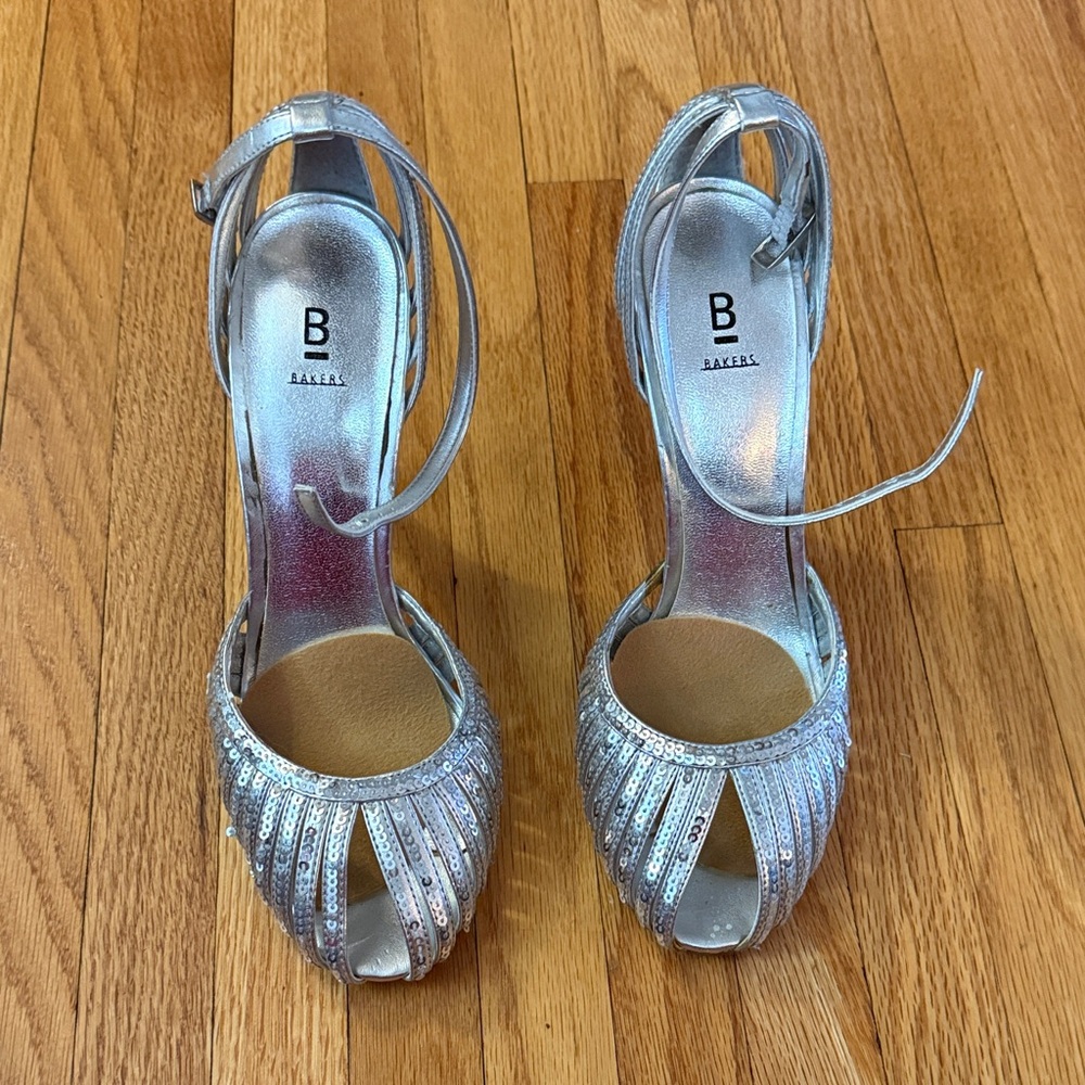 Bakers Shimmering Silver Peep-Toe Heels